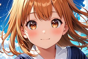 Masterpiece, best quality, extremely detailed, (illustration, official art: 1.1), 1 girl, ((orange brown hair))), orange brown hair, 10 years old, ((blush)), cute face, big eyes, masterpiece, best quality, ((a very delicate and beautiful girl)))), amazing, beautiful detailed eyes, blunt bangs, tareme (true beautiful: 1.2), sense of depth, dynamic angle,, (show off own areola slip: 1.2) affectionate smile, (true beautiful: 1.2), (tiny 1girl model: 1.2), (flat chest)), (masterpiece, best quality, extremely detailed, absurdres)),, looking at viewer, small breasts, beautiful jpn-girl, (best quality: 1.2) solo, cinematic light, ,A girl,(maniac: 1.1), bright light, depth of field, strong wind, (heart particles: 1.1)、(great laughter:1.1), one_side_up hair, navy color, Wrap one side up with a navy ribbon, uniform