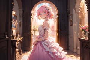 Masterpiece, best quality, super detailed, illustration, beautiful detailed eyes, close up, 1 girl, pink hair, white dress, villa doorway, standing position, face down
