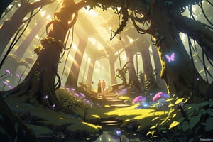 pastel colour, deep thick forest, lake, whimsical, masterwork, detailed, landscape wide far view, dramatic lighting, dappled sunlight, godrays through leaves, puffy clouds, mist, depth of field, volumetric lighting, enchanting, warm lighting, beautiful, amazing, magic, crystals, mushrooms, butterflies, fireflies, flowers, vines, moss, ruins