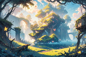 A masterwork of whimsical wonder: a pastel-hued landscape wide view of a deep, thick forest, where dappled sunlight filters through leaves, casting godrays on the misty terrain. A serene lake glimmers in the distance, surrounded by ruins overgrown with vines, moss, and crystals. Amidst this enchanting setting, butterflies flutter amidst fireflies, while flowers bloom beneath the warm, volumetric lighting of a dramatic sunset sky, where puffy clouds drift lazily across the horizon.,Flat,simple,pastel