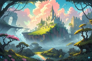 A masterwork of whimsical wonder: a pastel-hued landscape wide view of a deep, thick forest, where dappled sunlight filters through leaves, casting godrays on the misty terrain. A serene lake glimmers in the distance, surrounded by ruins overgrown with vines, moss, and crystals. Amidst this enchanting setting, butterflies flutter amidst fireflies, while flowers bloom beneath the warm, volumetric lighting of a dramatic sunset sky, where puffy clouds drift lazily across the horizon.,Flat