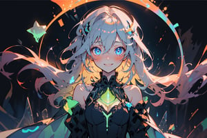 masterpiece, best quality, julia fe,  1girl, solo, long hair, looking at viewer, blush, smile, negative space, (bioluminescence:1.2), darkness, dark background, long sleeves, dress, bare shoulders, medium breasts, very long hair, wide sleeves, cape, white dress, circlet