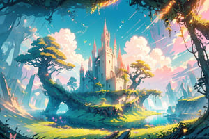 A masterwork of whimsical wonder: a pastel-hued landscape wide view of a deep, thick forest, where dappled sunlight filters through leaves, casting godrays on the misty terrain. A serene lake glimmers in the distance, surrounded by ruins overgrown with vines, moss, and crystals. Amidst this enchanting setting, butterflies flutter amidst fireflies, while flowers bloom beneath the warm, volumetric lighting of a dramatic sunset sky, where puffy clouds drift lazily across the horizon.,Flat,simple,pastel