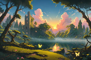 A majestic tableau unfolds: against a breathtaking sunset sky ablaze with warm, volumetric hues, a sweeping landscape stretches out, featuring a mystical forest. Dappled sunlight filters through leaves, casting godrays on the mist-shrouded terrain, where ancient ruins overgrown with vines, moss, and crystals stand sentinel around a serene lake. Amidst this enchanting setting, delicate butterflies dance amidst fireflies, while flowers bloom beneath the soft, golden glow, as puffy clouds lazily drift across the horizon.,Flat