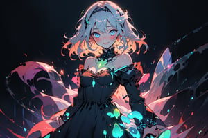 nsfw, ecchi, sexy, beautiful, masterpiece, best quality, julia fe,  1girl, solo, long hair, looking at viewer, blush, smile, negative space, (bioluminescence:1.2), darkness, dark background, long sleeves, dress, bare shoulders, medium breasts, very long hair, wide sleeves, cape, white dress, circlet