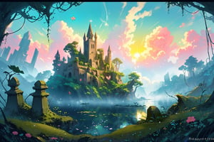 A masterwork of whimsical wonder: a pastel-hued landscape wide view of a deep, thick forest, where dappled sunlight filters through leaves, casting godrays on the misty terrain. A serene lake glimmers in the distance, surrounded by ruins overgrown with vines, moss, and crystals. Amidst this enchanting setting, butterflies flutter amidst fireflies, while flowers bloom beneath the warm, volumetric lighting of a dramatic sunset sky, where puffy clouds drift lazily across the horizon.