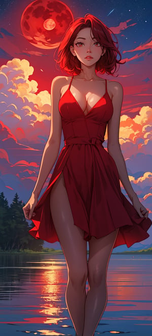 beautiful woman, ((medium hair) ), large breasts, cleavage, (large breasts quality), red eyes, ((red hair)), (super model slim body), she is standing in the middle of a lake. Wearing a red dress with two high front slits and deep V-neckline. The night sky with a super blood moon, the red moon light illuminating on the clouds around.