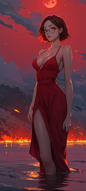 beautiful woman, ((medium hair) ), large breasts, cleavage, (large breasts quality), red eyes, ((red hair)), (super model slim body), circle-glasses, she is standing in the middle of a lake. Wearing a red dress with two high front slits and deep V-neckline. night, a super blood moon, the red moon light illuminating on the clouds around. Dark orange sky, (castle in mid distance), ((fire all around, and burning fields)), dark red clouds. in the style of gothcore, dark red and light orange, bryan hitch