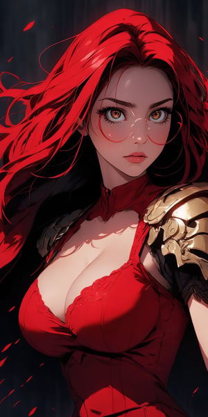 beautiful woman, medium hair, large breasts, cleavage, (large breasts quality), red eyes, ((red hair)), ((super model slim body), (red dress), deep V-neckline, two high front slits, circle-glasses, red upper body knight armor with skulls carvings, gauntlets, (detailed armor) , red lower body armor, full body,