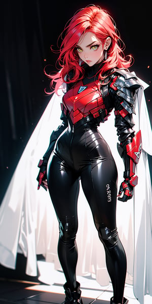 masterpiece, best quality, ultra detailed, (detailed background), high contrast, best illumination, extremely detailed, realistic lighting effects, neon noir illustration, one female, (solo), very long hair, glowing eyes:1.3, ((red hair)), perfect hands:1.2, ("serious look"), v-shaped head, (yellow eyes), tight fit armor, full platinum armor, fullbody, standing, (holding a galaxy in her hands), cape aura:1.2,(masterpiece