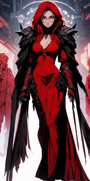 beautiful woman, medium hair, large breasts, cleavage, (large breasts quality), red eyes, ((red hair)), ((super model slim body), (red dress), deep V-neckline, two high front slits, circle-glasses, red upper body knight armor with skulls carvings, gauntlets, (detailed armor) , red lower body armor, (full body),