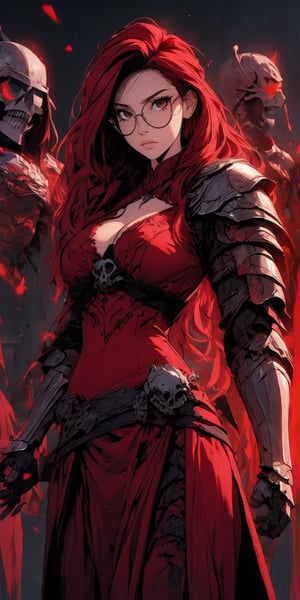 beautiful woman, medium hair, large breasts, cleavage, (large breasts quality), red eyes, ((red hair)), ((super model slim body), (red dress), deep V-neckline, two high front slits, circle-glasses, red upper body knight armor with skulls carvings, gauntlets, (detailed armor) , red lower body armor, (full body),