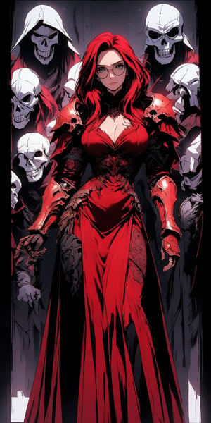 beautiful woman, medium hair, large breasts, cleavage, (large breasts quality), red eyes, ((red hair)), ((super model slim body), (red dress), deep V-neckline, two high front slits, circle-glasses, red upper body knight armor with skulls carvings, gauntlets, (detailed armor) , red lower body armor, (full body),