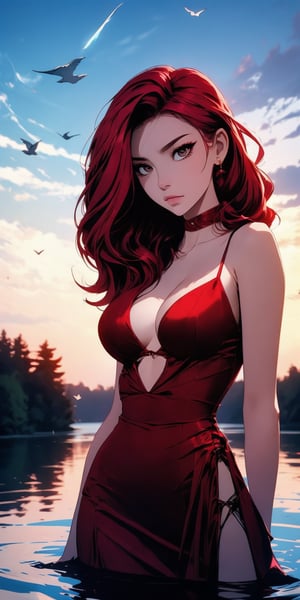 beautiful woman, ((medium hair) ), large breasts, cleavage, (large breasts quality), red eyes, ((red hair)), (super model slim body), she is standing in the middle of a lake. Wearing a red dress with two high front slits and deep V-neckline.