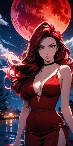 beautiful woman, ((medium hair) ), large breasts, cleavage, (large breasts quality), red eyes, ((red hair)), (super model slim body), she is standing in the middle of a lake. Wearing a red dress with two high front slits and deep V-neckline. The night sky with a super blood moon, the red moon light illuminating on the clouds around. 