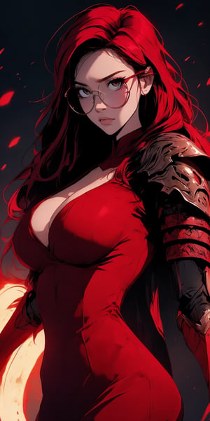 beautiful woman, medium hair, large breasts, cleavage, (large breasts quality), red eyes, ((red hair)), ((super model slim body), (red dress), deep V-neckline, two high front slits, circle-glasses, red upper body knight armor with skulls carvings, gauntlets, (detailed armor) , red lower body armor, (full body),