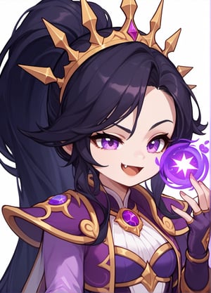 score_9, score_8_up, score_7_up, masterpiece,original,upper body,blank white background,1girl,solo,black hair, ponytail, long hair, Purple clothes,centre parting,maplestory style,Li-mingDG,magic on hand,Gloves,smug,fang,look up,raised eyebrow,