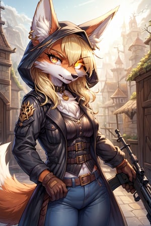 score_9, score_8_up, score_7_up, score_6_up, score_5_up, score_4_up,masterpiece, megafluffypony, fluffy, furry, fennec anthro,cinematic angle,warcraft vulpera female,vulpera, female, solo,(sniper,holding a long cyber rifle:1.2),black nose, fangs, detailed background, Orange fur,(blonde head hair,very big black hood:1.3),fox ear fluff,Golden eyes,Tattoo,clear face,expressionless,bar background,Sniper,jeans,big belt,collar,big earrings,(Long sleeve, bulletproof_vest,coat:1.2),(black cyber eyepatch,shaded face,one glowing eye:1.1),Black gloves,look at the viewer,1 fox tail,dwarf,