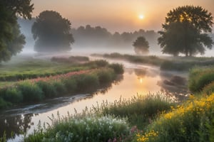 Masterpiece, 

Beautiful landscape, sunrise, morning fog, river, trees, summer flowers, landscape photography in high resolution, wallpapers, professional photo taken on a Canon 1Dx camera focal length 85mm
