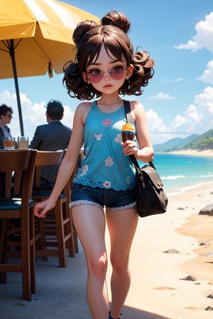 beautiful little girl wearing a blue top and shorts with a lace pattern on the bottom half of the outfit, curly brown hair in two buns at the back, big pouty lips, large sunglasses on her head, walking on the beach, in the style of Lilia Alvarado, walking, high_resolution, detailed, disney pixar style