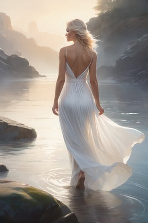 A beautiful blond woman in a white flowing dress, walking on misty rocks and water, shown from the back view, in the fantasy art style of Artgerm  and Greg Rutkowski , with a hyper realistic and soft lighting style, smooth brush strokes, high resolution, high detail, cinematic