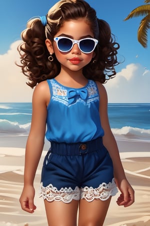 cartoon, personality, beautiful little girl wearing a blue top and shorts with a lace pattern on the bottom half of the outfit, curly brown hair in two buns at the back, big pouty lips, large sunglasses on her head, walking on the beach, in the style of Lilia Alvarado and in the style of jasmine BecketGriffith 