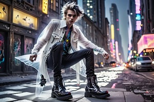 Colorful photos of young men and rock style clothes. It all comes together to create a posing scene. On the enchanted road Tall buildings glisten in the moonlight. It represents a happy existence of a joyful life. translucent white insect Floating gracefully, pure, radiant, black boots for men. Adding fascination to the scene