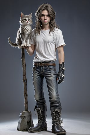 Masterpiece, best quality, realistic, raw photography, 1 young man, cat-like whiskers and ears, long hair, tall figure, faint smile, white skin, pores, wearing rock style clothes, boots, accessories. Add charm to a simple background