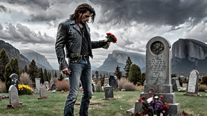 A man dressed in a rock style, with leather jacket and worn jeans, stands solemnly in a cemetery, holding a bouquet of flowers. He gazes at a photograph of a woman attached to a tombstone, her memory lingering in the air. The backdrop is natural, with towering mountains rising in the distance under a cloudy sky. The scene combines the raw emotion of loss with the rugged, rebellious spirit of rock, set against the serene yet haunting beauty of nature.