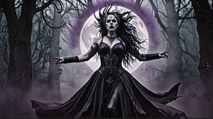 Design an album cover for a symphonic metal band fronted by a female vocalist. The cover should blend dark, gothic elements with a sense of epic grandeur. Use a color palette of deep purples, blacks, and silvers, with striking contrasts. The central image could feature the female lead in a powerful, mystical pose, surrounded by swirling mist, darkened forests, or ancient ruins. Incorporate elements like a full moon, raven feathers, or ornate gothic architecture to enhance the symphonic and metal themes. The band's name should be in a bold, metallic font, while the album title could be displayed in a more elegant, serif or script style, adding a touch of sophistication.