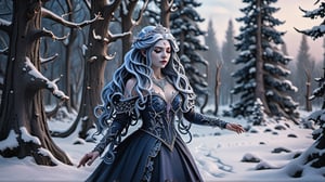 Create a breathtaking scene of a fantasy metal singerwoman in a snowy winter landscape. She has long, flowing blue hair and is wearing an intricately designed dark blue dress adorned with silver and pink jewels. The background is filled with snow-covered trees, creating a serene yet powerful atmosphere. The character exudes strength and elegance, with a combination of fantasy elements and detailed winter aesthetics. The overall mood is majestic, with high attention to detail and a magical, ethereal vibe