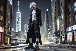 Color photo of young man and rock style clothes It all comes together to create a mesmerizing street scene. Tall buildings shine in the moonlight. It represents the sad existence of a lonely life. translucent white insect Floating gracefully radiating pure radiance Men's black boots Adding fascination to the scene