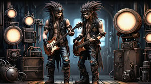 Create a picture of a band with four young men thai with long hair and slender builds. He wore a rock style outfit complete Some people have cloth tied on their foreheads, over their mouths, or around their necks. which added mystery to his appearance. He stands with a guitar and bass slung over his shoulder and a leather jacket. Torn jeans and boots Backstage accessories are full of powerful elements such as drums and large amplifiers. Create an atmosphere that is both inviting and immersive. With dramatic dim lights and shadows enhancing the overall mood., ((steampunk style)), (mechanisms), fantasy, gear decoration, ((steampunk style)), (mechanisms), fantasy, gear decoration