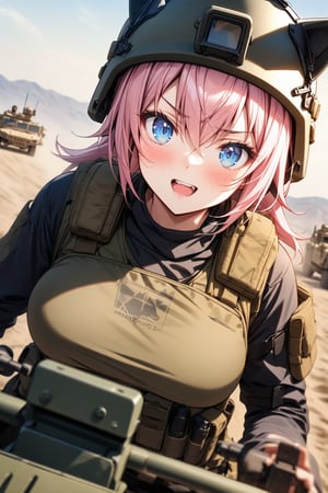 military wolf girl, wolf ears, pink hair, blue eyes, tactical helmet, tactical vest, combat shirt, on turret of a humvee , Best Quality, 