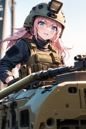 military wolf girl, wolf ears, pink hair, blue eyes, tactical helmet, tactical vest, combat shirt, combat pants, tactical boots, on turret of a humvee , Best Quality, 