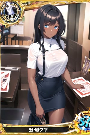 A hot lady with dark skin and black hair, blue eyes, wearing white shirt and skirt, bending_over, background office,((character action card))