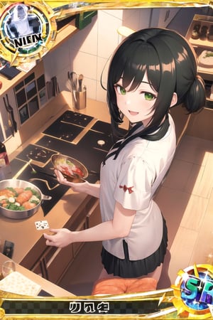 A mother with black hair and green eyes, wearing an white appron, happy face, cooking,background kitchen, back view ((character card)), hentai