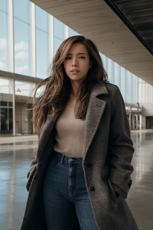 (pokimane), portrait, film grain, a tall woman wearing a coat, shirt, jeans, elegant, sharp lighting, shadows, cinematic, sharp eyes, messy, (normal quality:1), convention center, dark blonde, serious, fashion