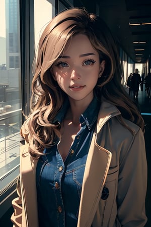 (pokimane), portrait, film grain, a woman wearing a coat, shirt, jeans, elegant, sharp lighting, shadows, cinematic, sharp eyes, messy, (normal quality:1), convention center, dark blonde, happy, fashion,pokimane,highres