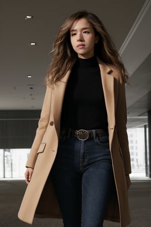 (pokimane), portrait, film grain, a tall woman wearing a coat, shirt, jeans, elegant, sharp lighting, shadows,  cinematic, sharp eyes, messy, (normal quality:1), convention center, dark blonde, serious