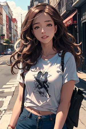 (pokimane), illustration, a woman wearing a casual outfit, elegant, sharp lighting, shadows, cinematic, sharp eyes, messy, outdoors, happy, fashion, highres