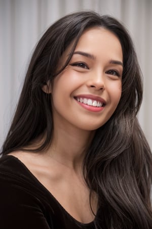 (valkyrae:1.2), big smile, (brown eyes), (brown long hair), medium chest, female 1, (front shot), soft expression, elegance, smiley face, 8k art photo, photorealistic concept art, realistic, portrait photography, accessories, fantasy, jewelry