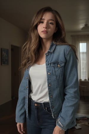 (pokimane), portrait, film grain, a tall woman wearing a jacket, shirt, jeans, sharp lighting, shadows,  cinematic, sharp eyes, messy, (normal quality:1), indoors, dark blonde