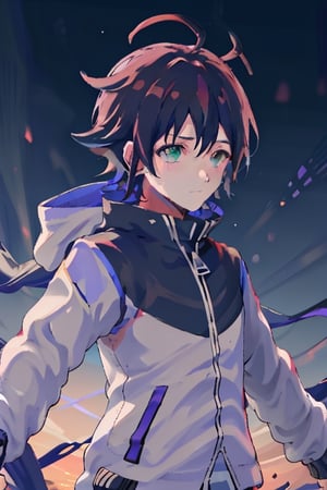  1boy, black background, green eyes, pink jacket, upper body, purple hair, gradient, gradient background, spiked hair, clenched hand, long hair, uchiha sasuke,Hilbert (pokemon),BestCar,axl,airisu,ashera,neocoill