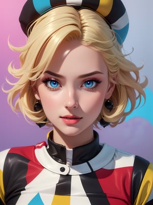 ((masterpiece, best quality, photorealism, RAW quality)), (BLONDE girl with a perfect face, blue eyes, sharp pupil), ((wearing a harlequin outfit composed of patches of different colors, tight to the body)), (add makeup with bright colors or black and white to highlight your eyes and look spectacular), harlequin hat decorated with bells, lots of gools dancing everywhere. (SHE distressed), Pink background.