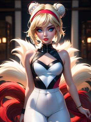 ((high resolution)), 1 blonde girl, 21 years old, Headband, perfect face, blue eyes, makeup, perfect lips, (with platinum blonde hair with red extensions, two tails, with a bun), standing, ((clothes pink and white interior), light and tights, beautifully decorated, perfect body, cinematic lighting,