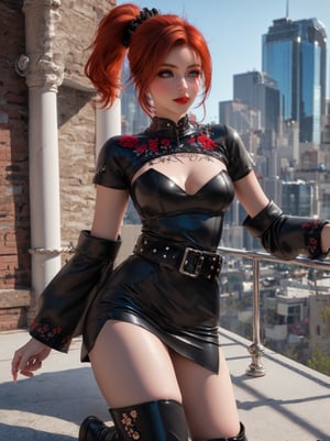 ((masterpiece, 3D, photography, RAW quality)), (beautiful young redhead with a perfect clean face and makeup, gray eyes, clear and perfect pupil), (hair tied in a ponytail), dress embroidered with flowers, sparse, rivet black leather, black vinyl knee boots, evilla belt, jollas, glass building terrace, city