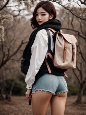 photorealistic, 1 girl, 21 years old, wearing K-Pop, black thighs, makeup, short bob, great quality, clear image, tree with dry branches in the background, RAW quality, backpack on the back, scarf,