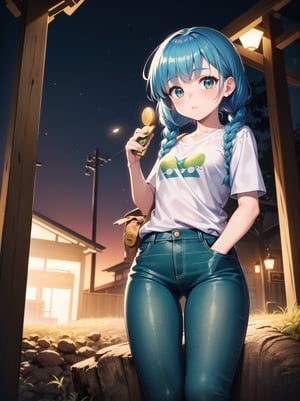 (RAW photo, absurd, absurdresolution, photography, clear image), Beautiful freckled young girl, pony, cute, (blue hair, two pigtails with braids), shirt with front print, green jeans, ((tight)), (holding small wallet), (coin phone attached to wooden post), ((90s)), night, (lighting by tall posts).