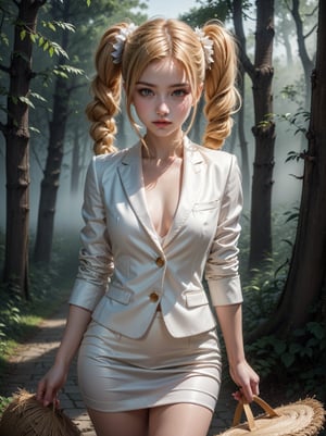 ((RAW photo), absurd, (absurdresolution)), masterpiece, best quality, (Extremely detailed 8k unity CG wallpaper), (best illustration), (best shadow), Realistic lighting, beautiful detailed glow, ((21 years old, the most beautiful young girl, beautiful, innocent face)), (standing looking at viewer, leg slightly bent), (luminous golden blonde hair, two big buns, long pigtails), (perfect blue pupil, defined, sharp), (((lord luna, very feminine formal suit, straw color))), ((background: hinoki trees and fog)), (her: dynamic pose of transformation to lord luna)